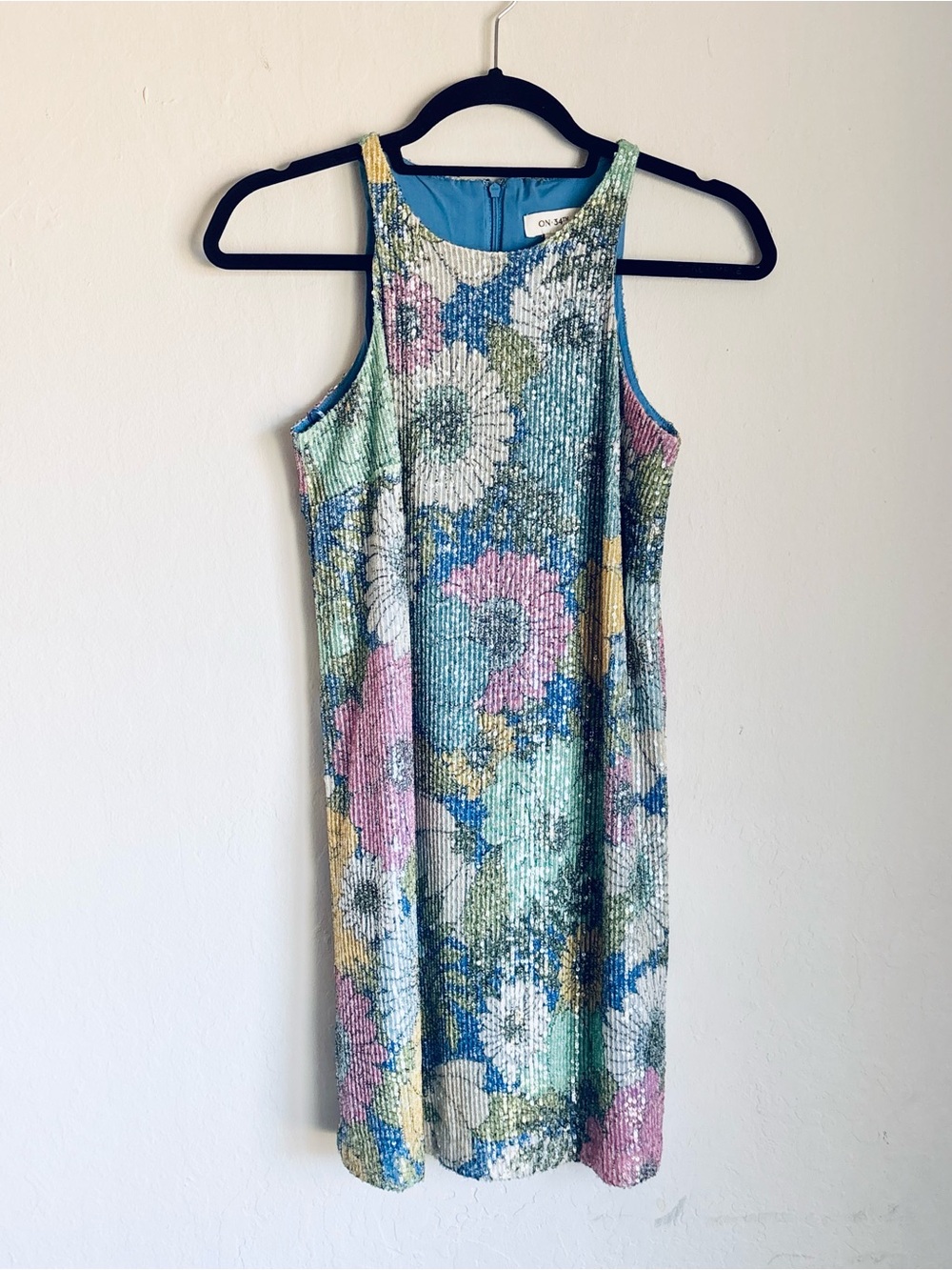 Floral Sequin Mini Shift Dress in Pastel Mix Blue Green Pink